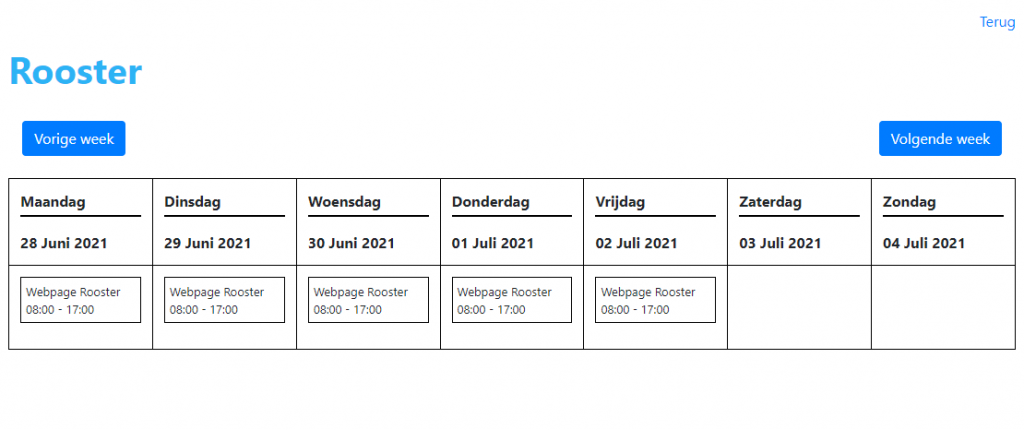 Als het rooster gemaakt en definitief gemaakt is krijgt elke medewerker dit te zien op zijn of haar eigen pagina. Hierdoor ontstaat er nooit onduidelijkheid over waar of wanneer een medewerker moet werken.