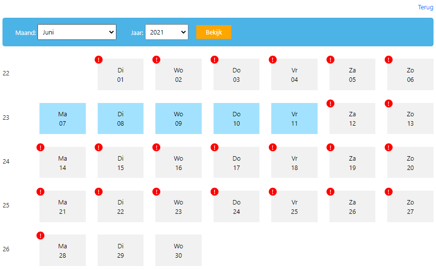 Met ons urenregistratie systeem kunnen medewerkers zelf op een simpele en duidelijke manier invullen wanneer, waar, en voor hoe lang zij gewerkt hebben. Bij de dagen waar niks op ingevuld staat komt een uitroepteken te staan als herinnering dat de medewerker hier zijn of haar uren nog moet invullen. Ook krijgen alle vakken een kleur, afhangend van de status.